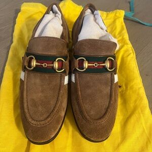 Gucci Brown Suede Loafers with Gold and Green Accents